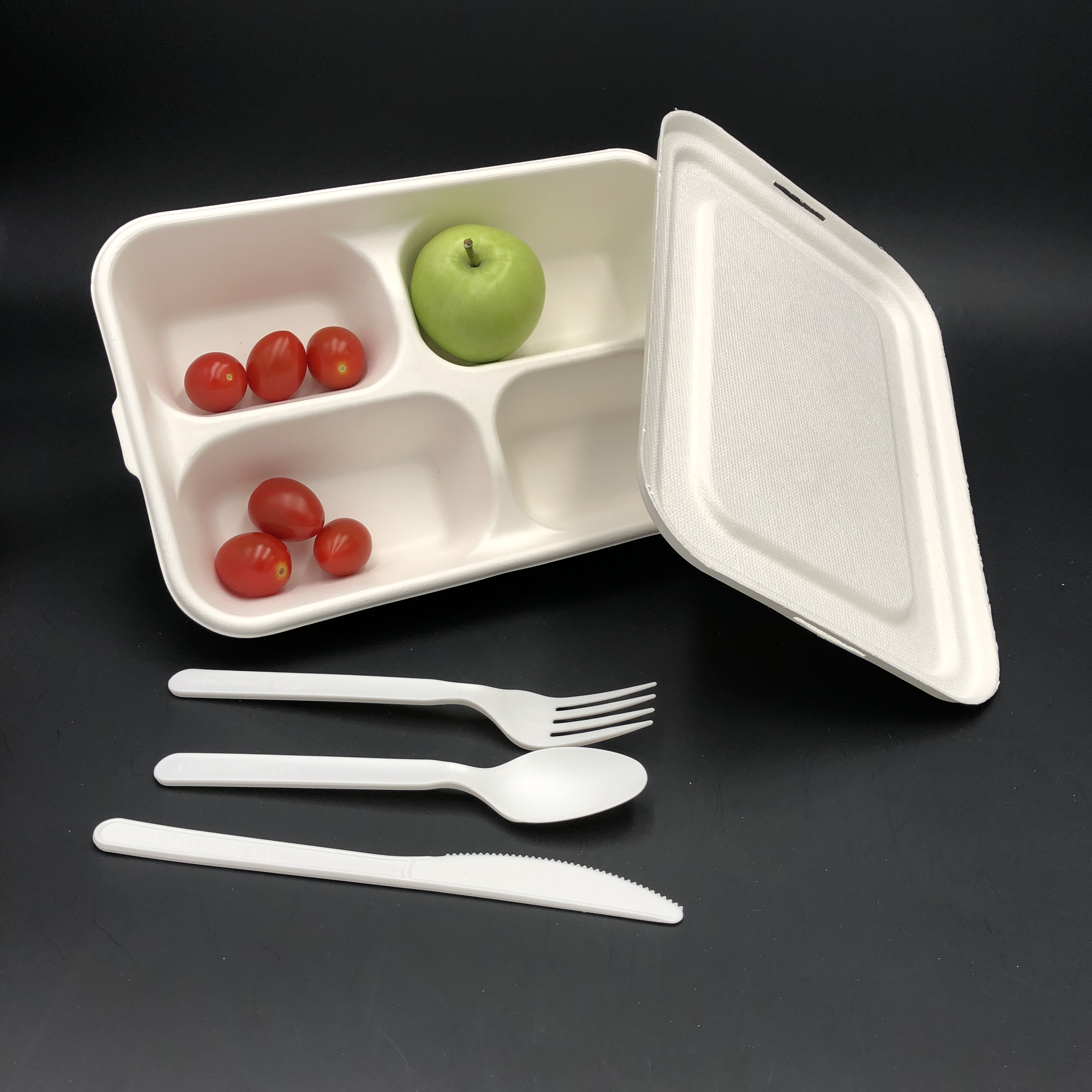 100% biodegradable 4-Compartment Deep Tray with lid
