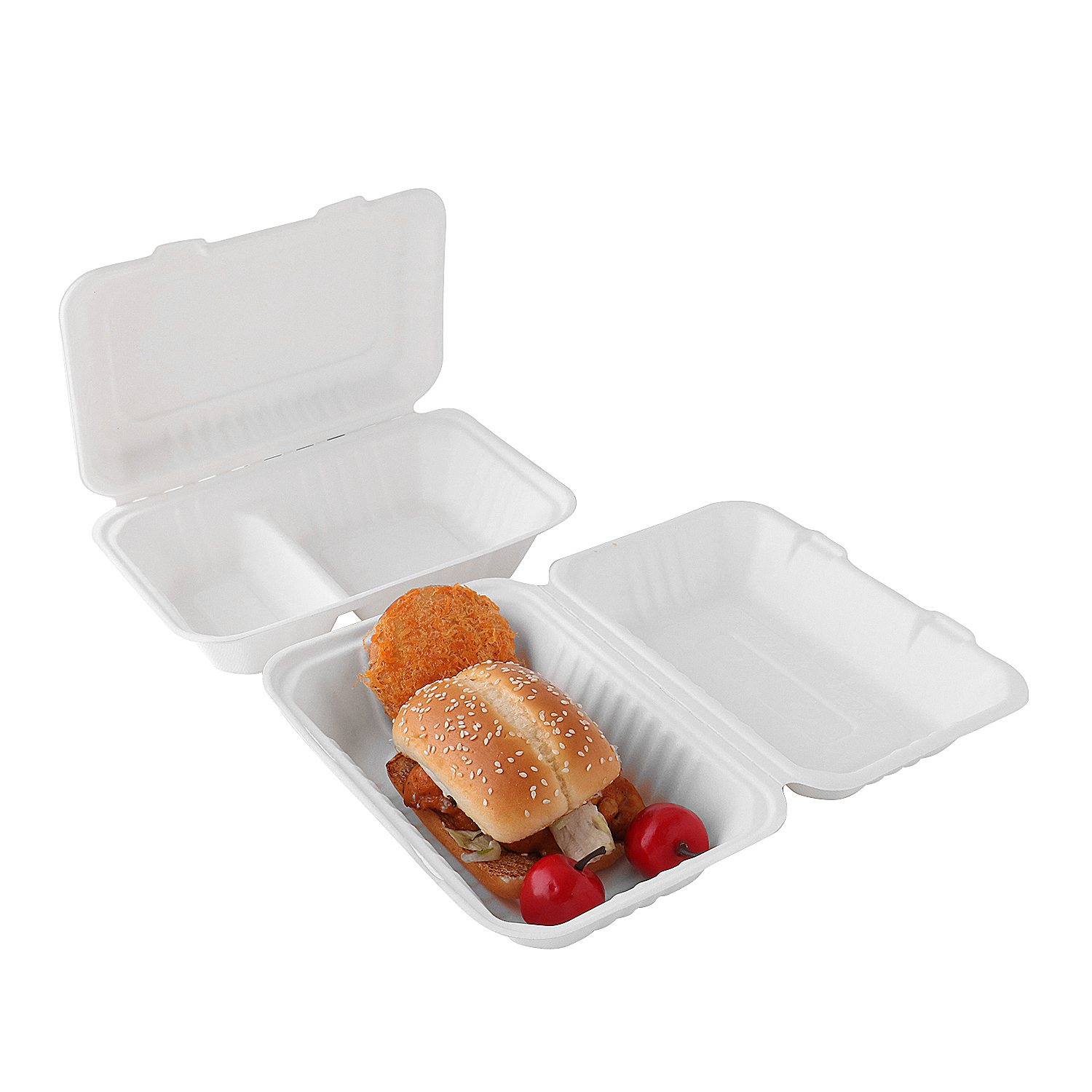 9.8"x6.5" X2.4" Compostable Bagasse Rectangle 2 Compartment Clamshell Boxes